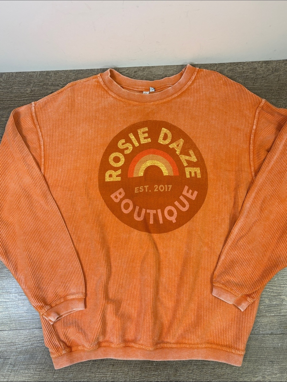 Chicka-d Rosie Daze Boutique Graphic Sweatshirt – Peach Acid Wash – Women’s S